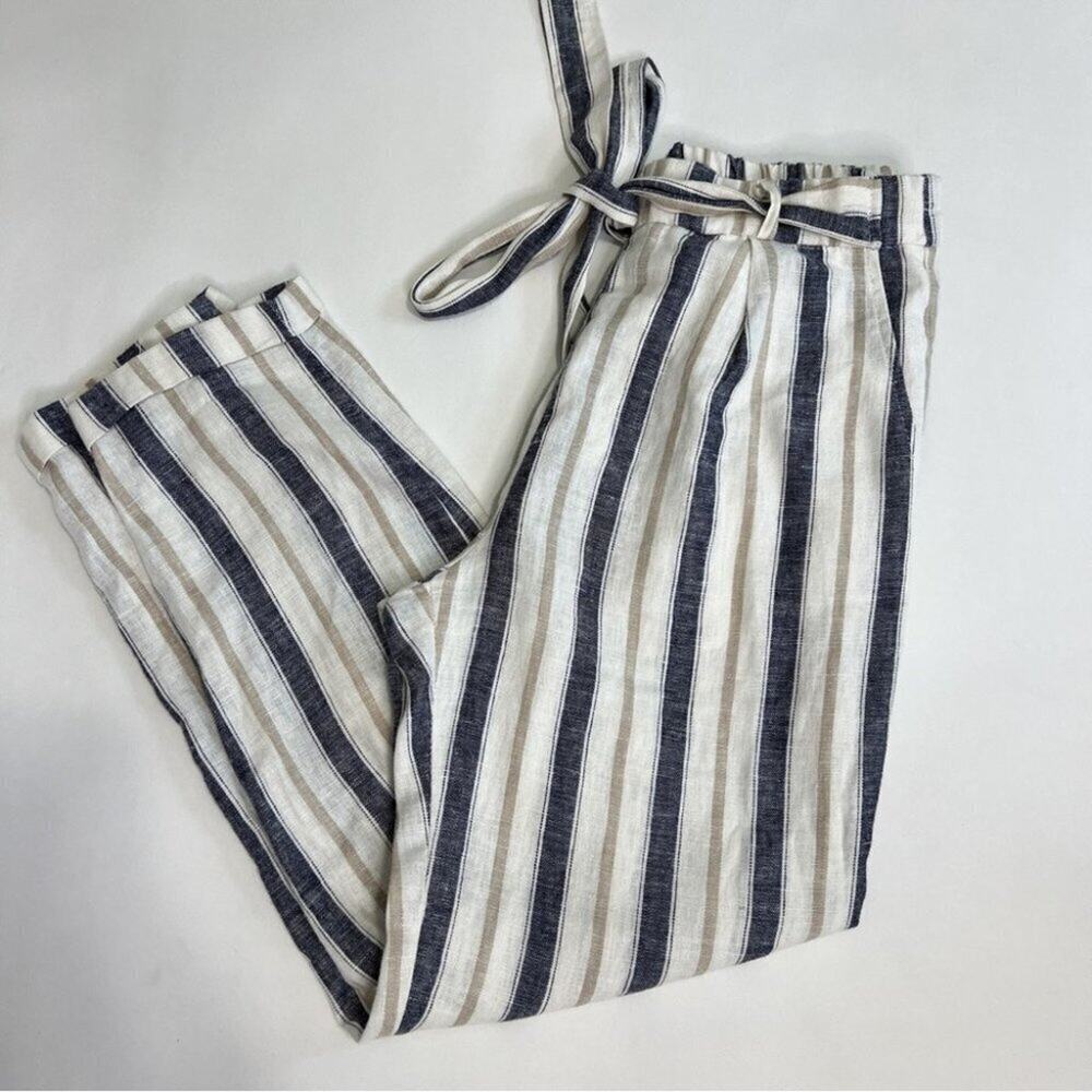 Love Tree Linen Blend Navy Cream Striped Pants Tie Front Size S
